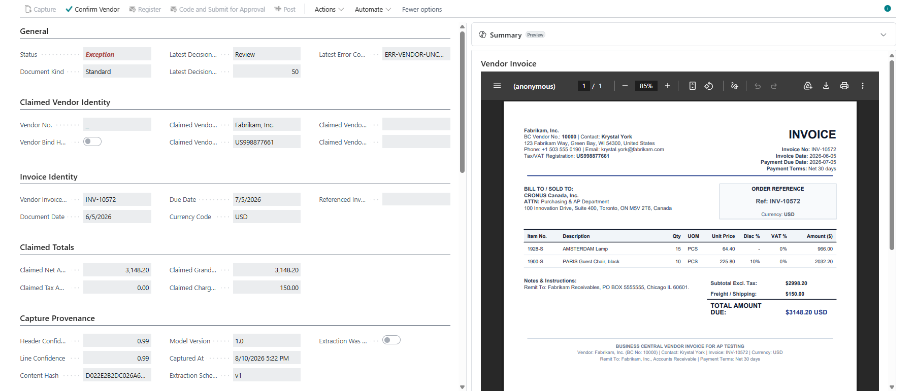 A DocumentQ AP Document page in Business Central. The left column holds the extracted data under headings that each begin with the word Claimed — Claimed Vendor Identity, Claimed Totals — plus a Capture Provenance block listing header and line confidence, model version, extraction schema and a content hash. The right pane shows the vendor's original PDF invoice.