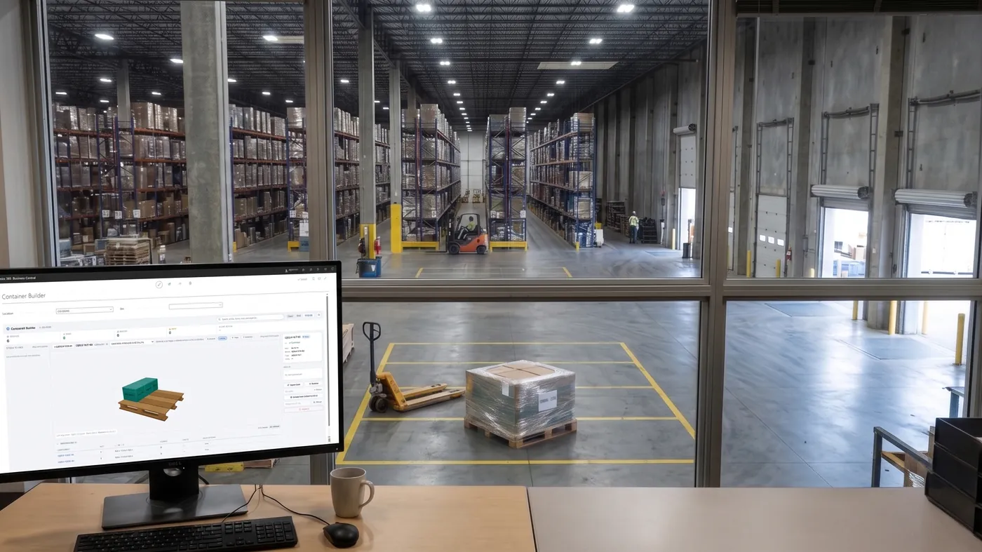 An office desk with a monitor showing a container-building screen, looking out through internal glazing into a warehouse where a wrapped pallet waits on the floor.