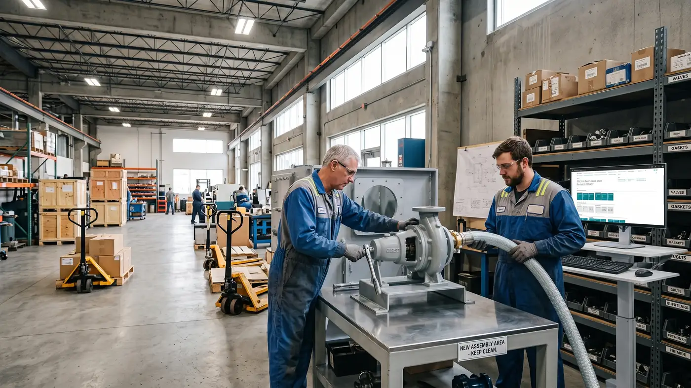 Two technicians at a stainless bench in a workshop, dismantling a pump assembly, with labelled parts bins on the shelving behind them.