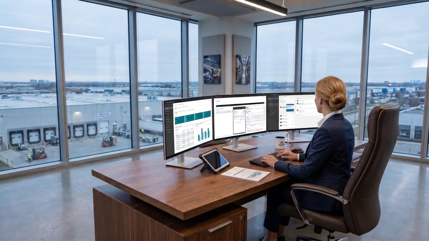 A corner office desk with three monitors showing finance dashboards, seen past a person working at them, with a loading yard and dock doors through the windows behind.