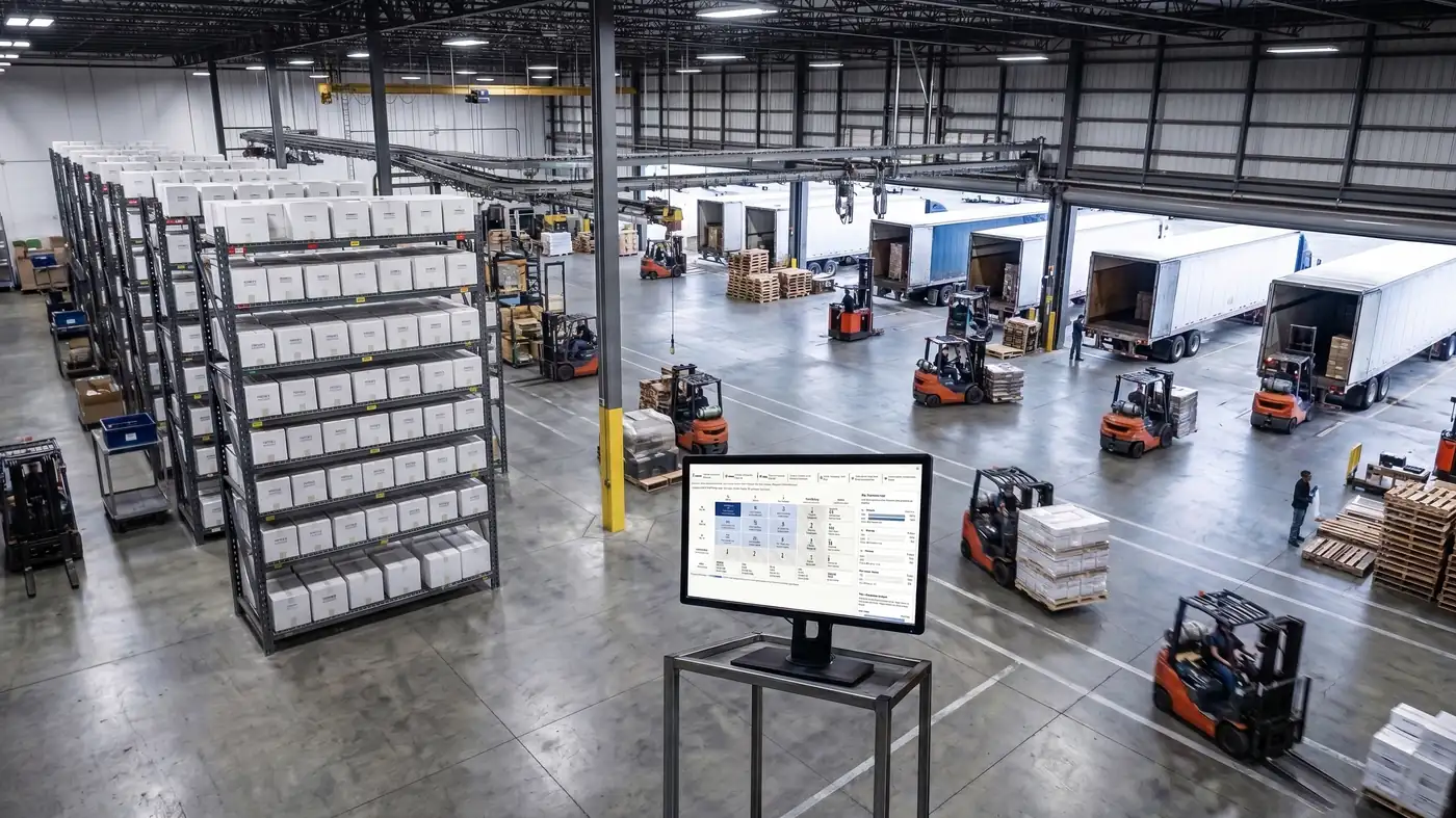 An elevated view across a distribution centre — racking, forklifts on the floor and trailers backed into loading docks — with a monitor on a stand in the middle of the floor.