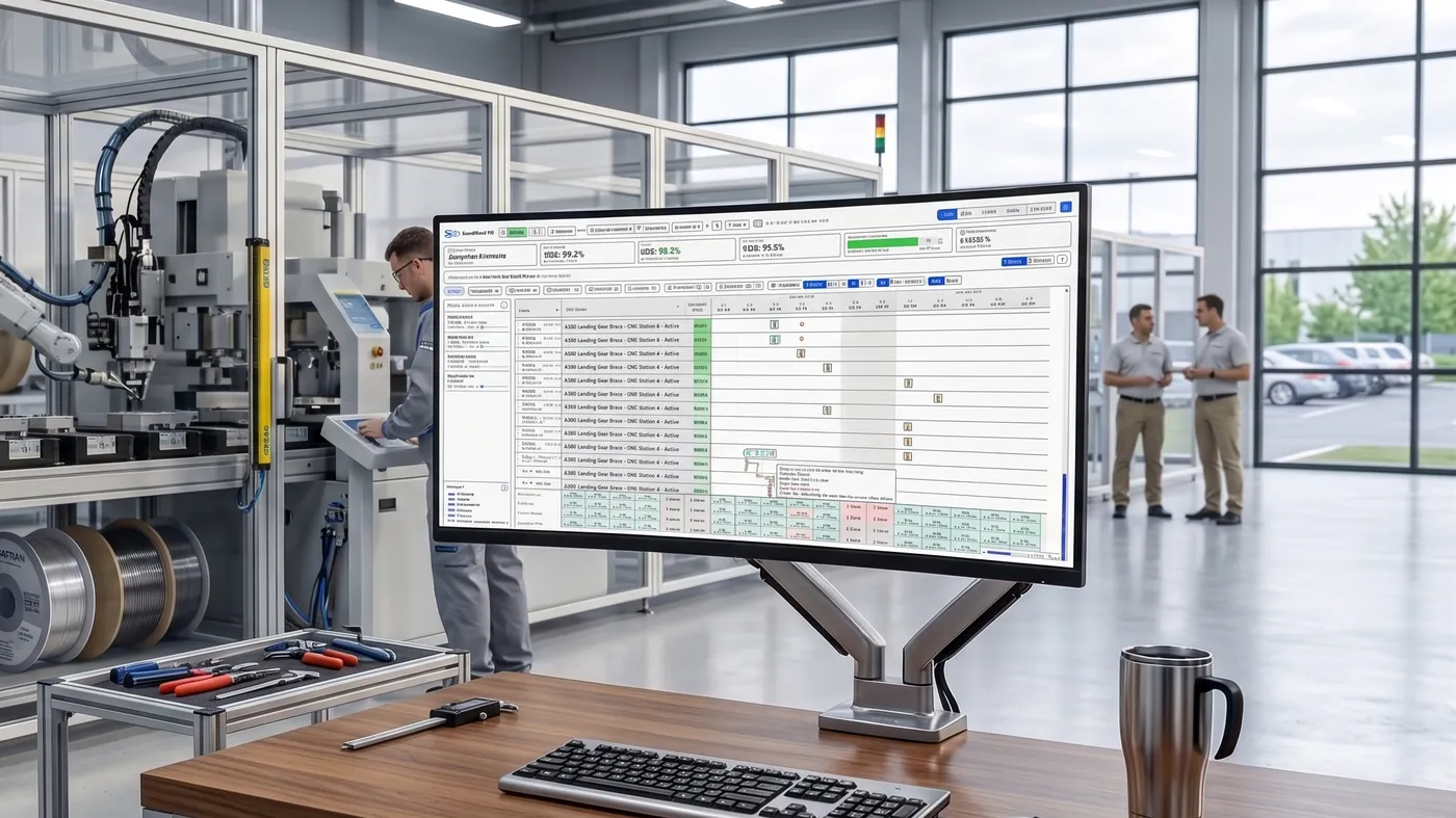 A factory cell with a robot arm behind safety glass, and a large monitor on an arm showing a dense production schedule grid, on a desk in the foreground.