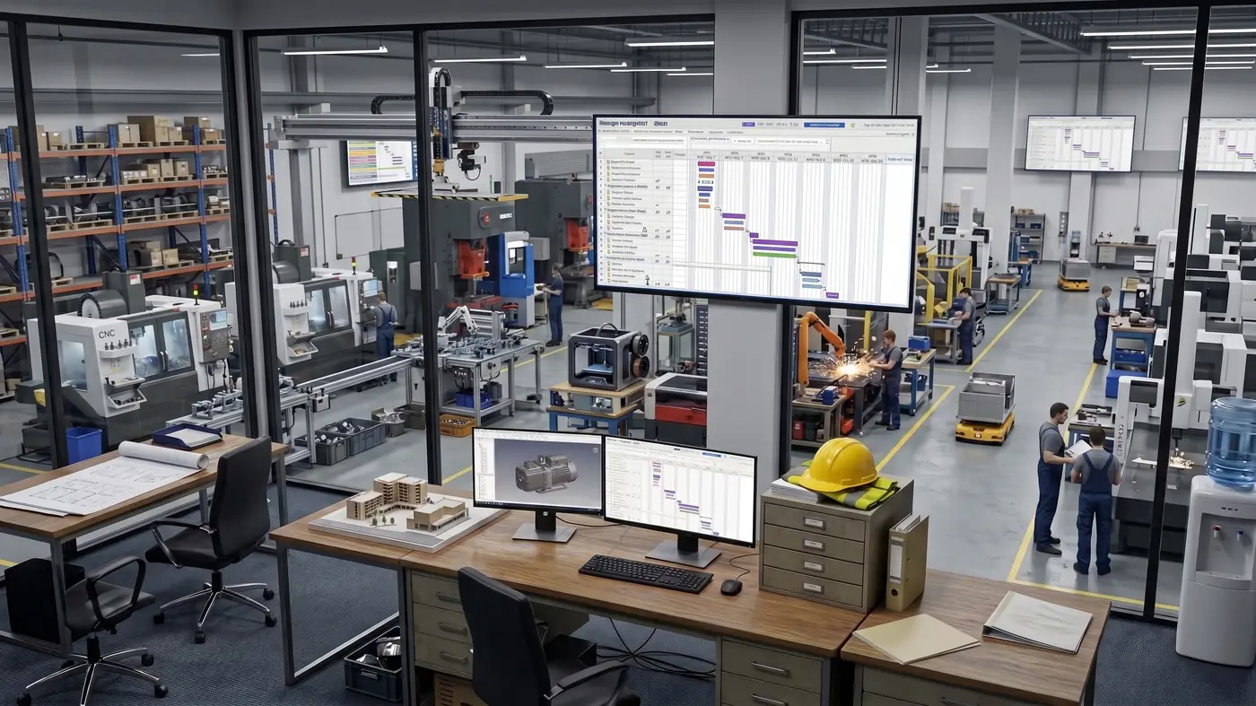 An engineering office overlooking a machine shop through glass, with monitors showing a project schedule and a hard hat resting on a cabinet.