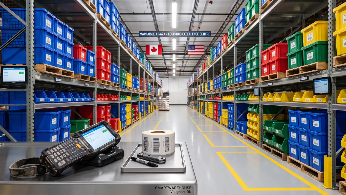 A warehouse main aisle lined with racking of coloured stacking totes, with a rugged barcode handheld and a roll of blank labels on a stainless bench in the foreground.