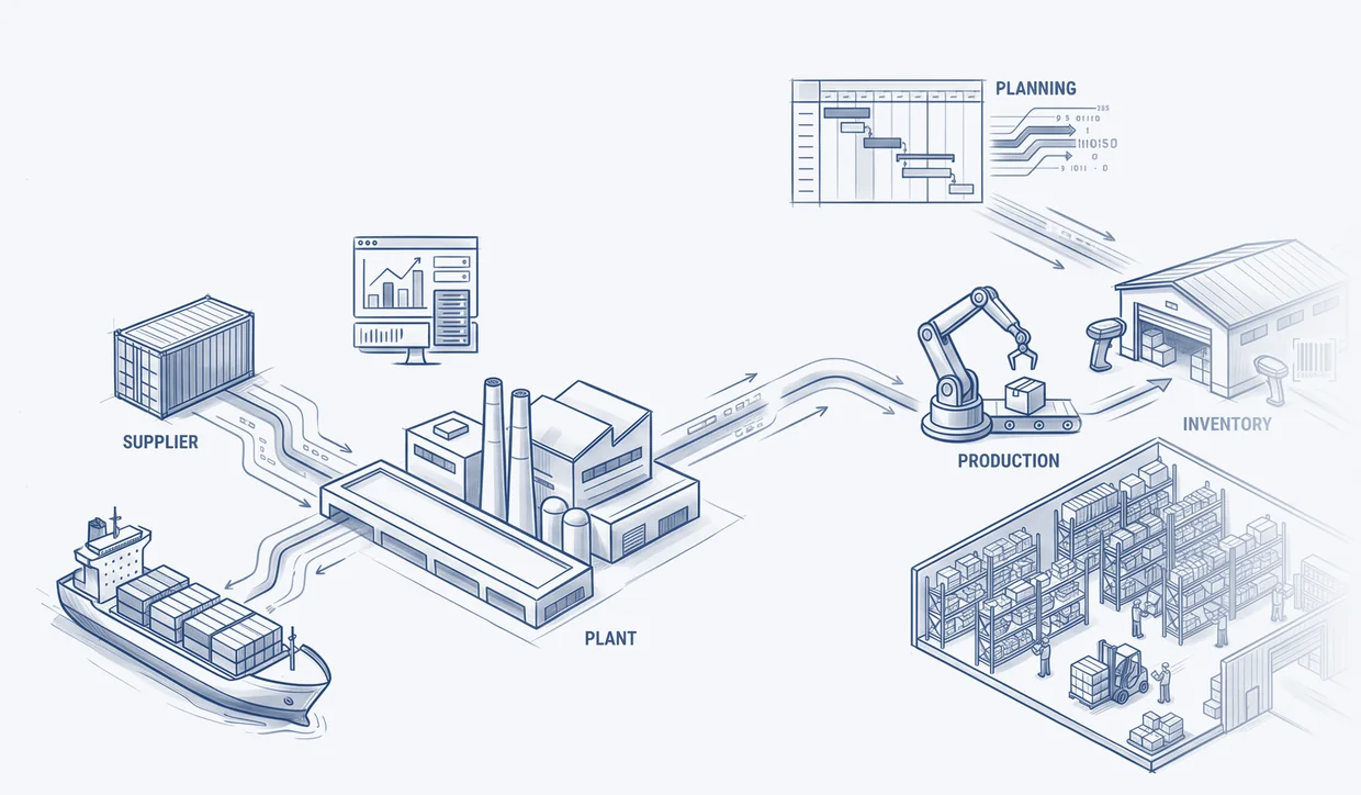 A line drawing of an operation: containers arriving by ship from suppliers, a plant, a production line with a robot arm and conveyor, a barcode-scanned inventory building, and a warehouse aisle being picked by forklift, with a planning schedule feeding the flow.