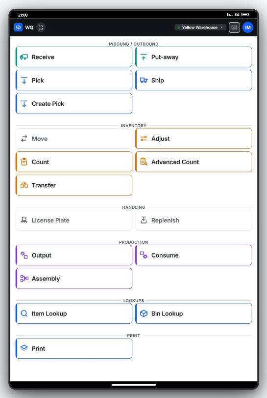 WarehouseQ’s operator menu running on a iPad mini — every operation fits with no scrolling