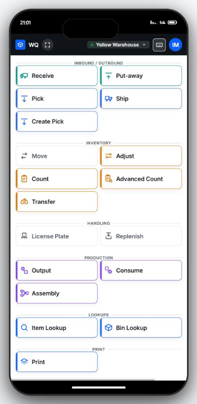 WarehouseQ’s operator menu running on a iPhone 16 Pro Max — every operation fits with no scrolling