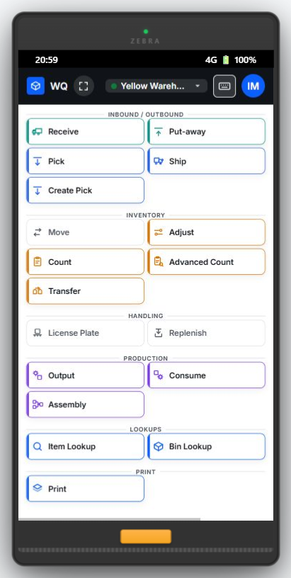 WarehouseQ’s operator menu running on a Zebra TC22 — every operation fits with no scrolling