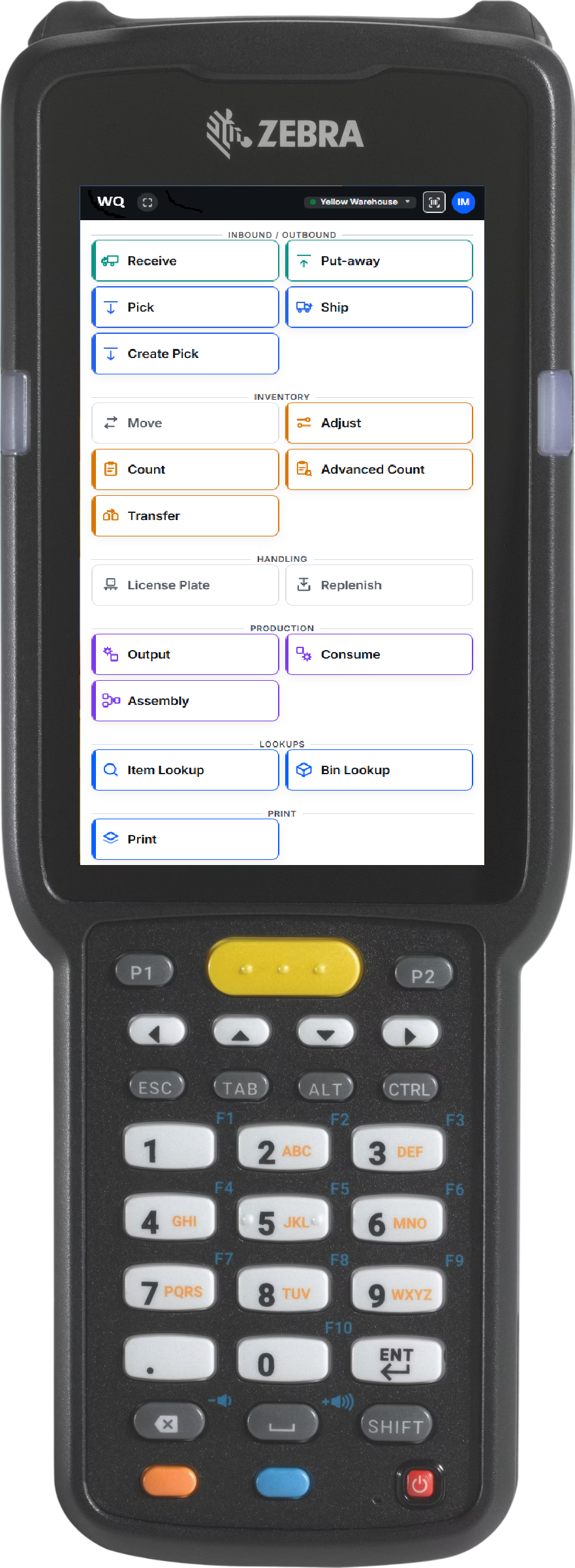 WarehouseQ's operator menu running on a Zebra MC3300x rugged scanner